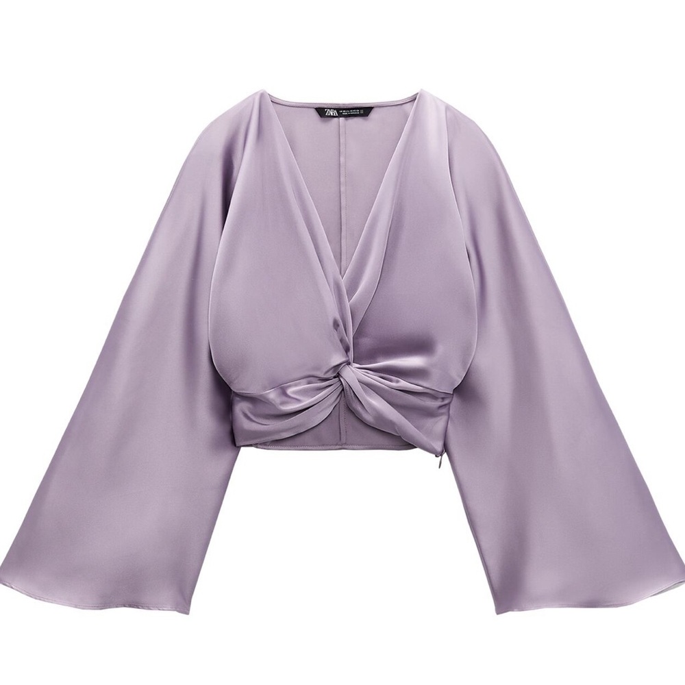 Zara Lavender Satin Knot-Front Crop Top